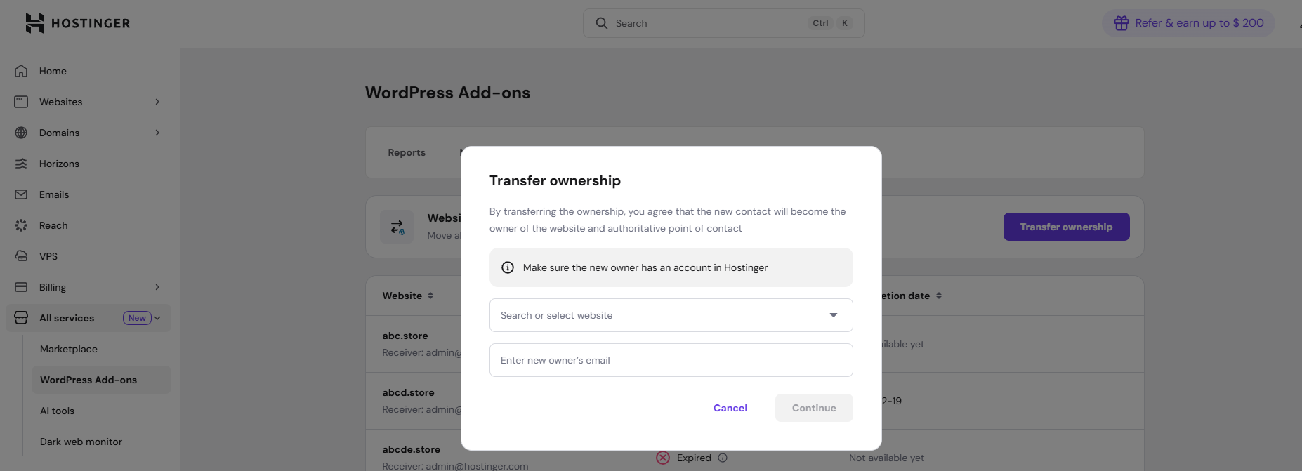 Hostinger WordPress add-ons modal to transfer ownership of a website