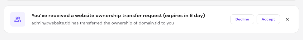 Website ownership transfer request banner with Decline and Accept buttons, expiring in 6 days
