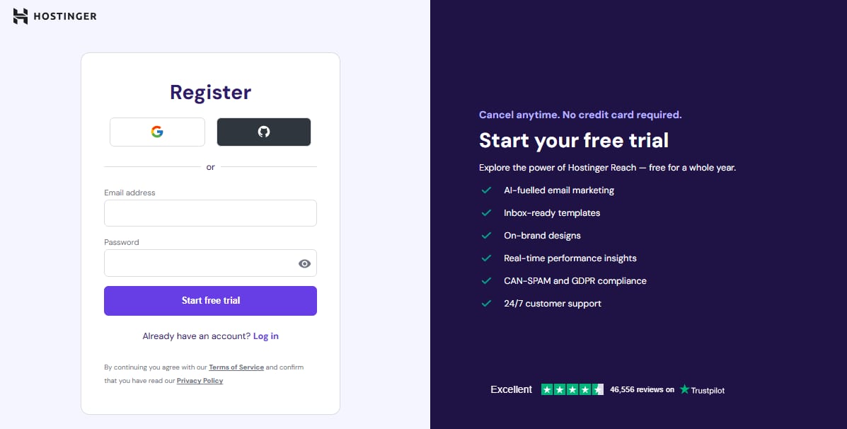 Hostinger Reach registration form with email and password fields and Start free trial button