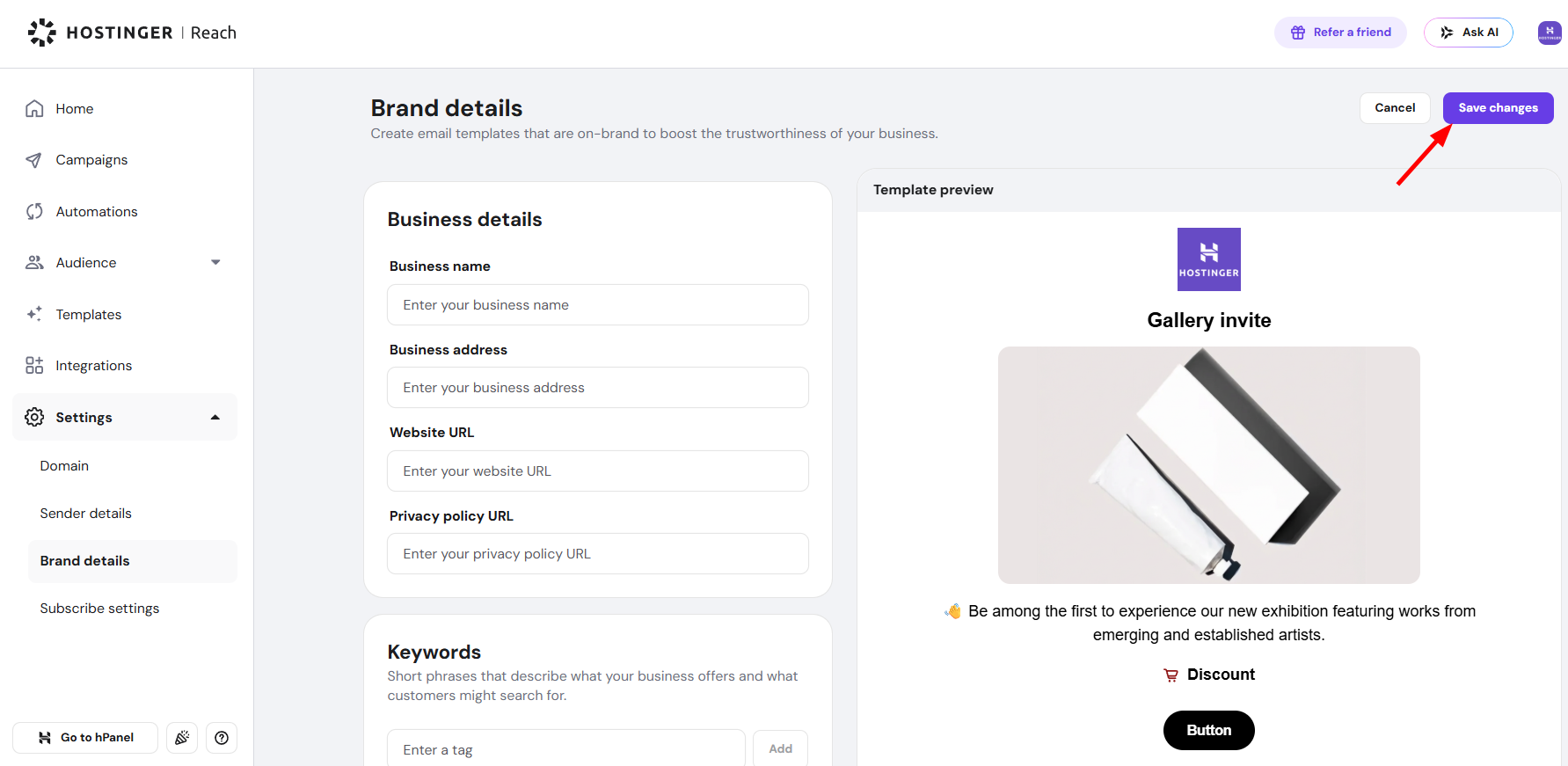 Hostinger Reach brand details page with Save changes button highlighted