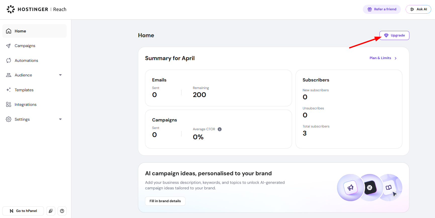 Hostinger Reach dashboard with the Upgrade button highlighted near the top right