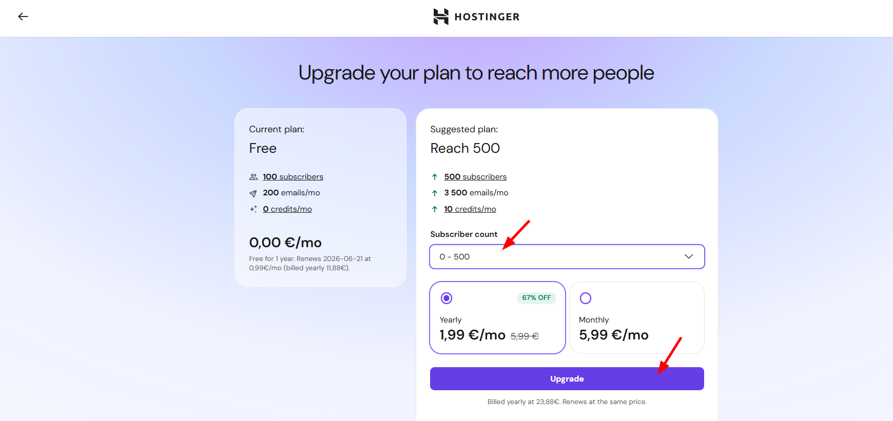 Hostinger upgrade plan screen with subscriber count dropdown and Upgrade button highlighted