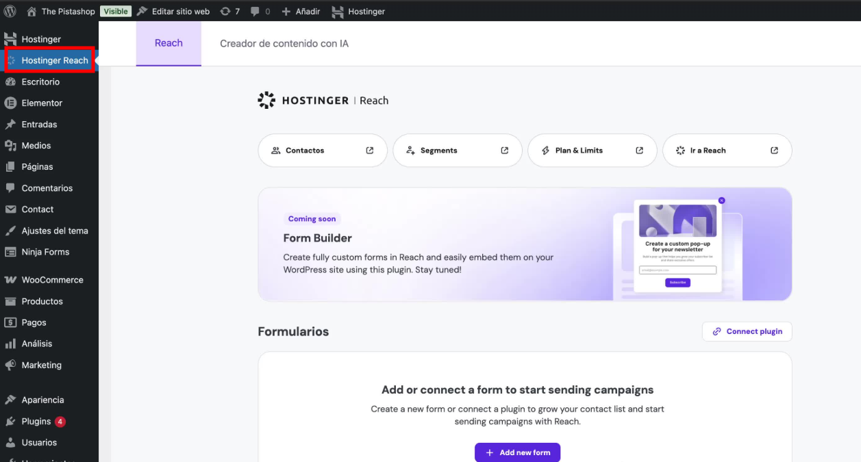 Hostinger Reach menu item highlighted in WordPress admin sidebar