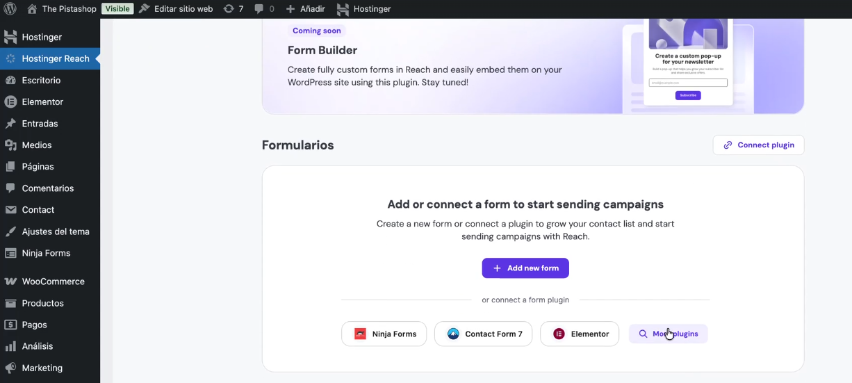 Hostinger Reach forms page with the “More plugins” button highlighted