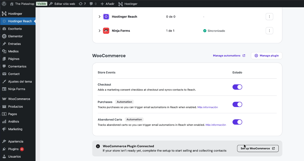 Hostinger Reach WooCommerce integrations page with Checkout, Purchases, and Abandoned Carts toggles on