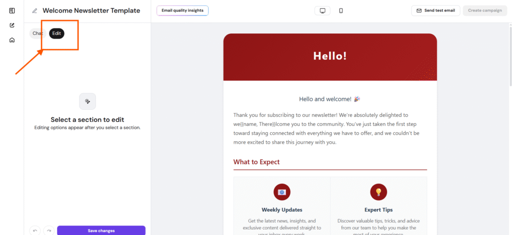 Email newsletter editor with Edit button highlighted in the left panel