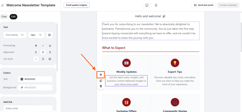 Newsletter editor with move handle highlighted beside Weekly Updates text block