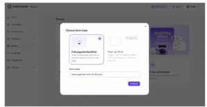 Hostinger Reach form setup modal with Full page/embedded selected