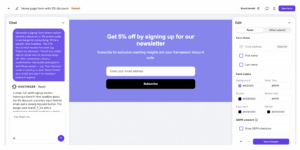Hostinger Reach form editor with 5% discount signup form preview and form fields settings panel