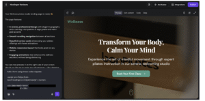 Hostinger Horizons editor showing a wellness Pilates landing page preview with a “Book Your First Class” button
