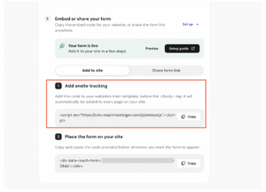 Hostinger form setup guide with Add onsite tracking code section highlighted