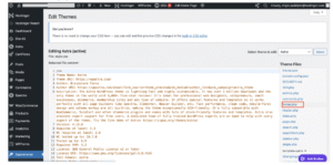WordPress theme editor with Astra active and footer.php selected in Theme Files