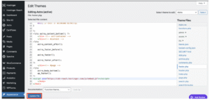 Hostinger WordPress theme editor with footer.php open and Update File button highlighted