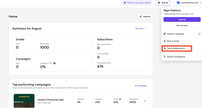 Hostinger dashboard with Add collaborators menu option highlighted