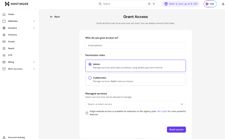 Hostinger account sharing “Grant Access” form with Admin role selected and Grant access button