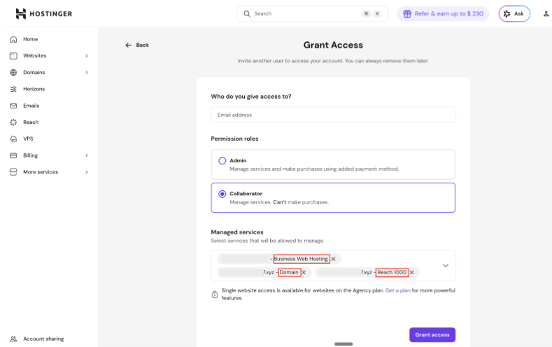 Hostinger account sharing grant access screen with Collaborator selected and managed services highlighted