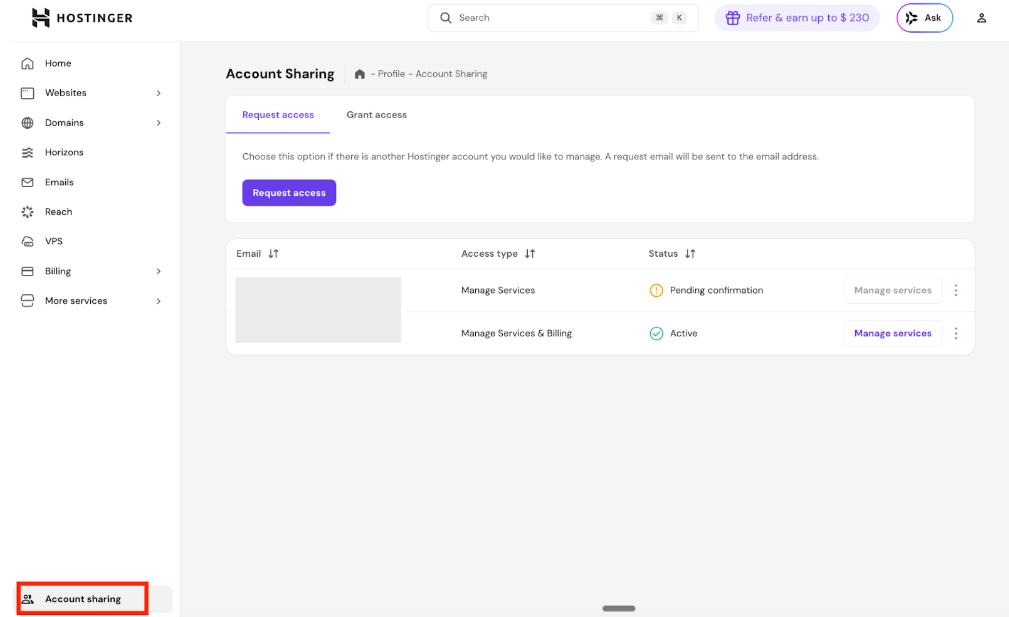 Hostinger account sharing page with the Account sharing menu item selected in the left sidebar