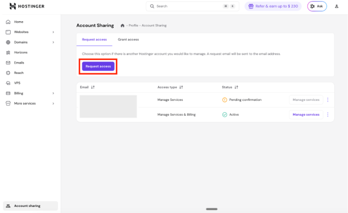 Hostinger account sharing page with Request access button highlighted