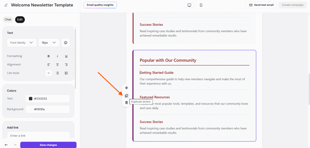 Email newsletter editor with duplicate section icon highlighted and tooltip “Duplicate section”
