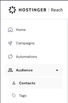 Hostinger Reach sidebar with Audience expanded and Contacts highlighted
