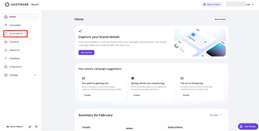 Hostinger Reach dashboard with Automations selected in the left sidebar