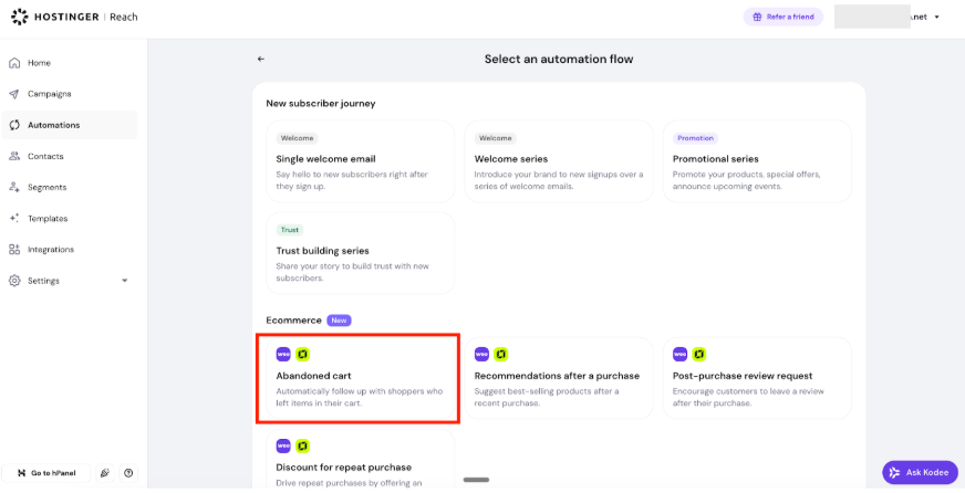 Hostinger Reach automation flow page with the Abandoned cart ecommerce template selected