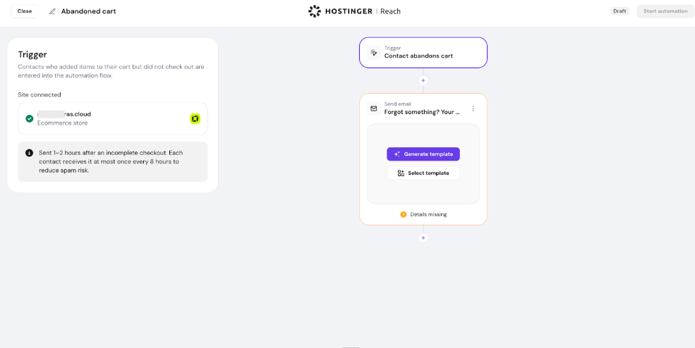 Hostinger Reach abandoned cart automation with contact trigger and email template buttons