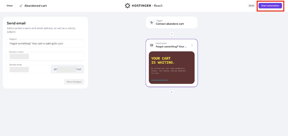 Hostinger abandoned cart email automation editor with a highlighted email card and Start automation button