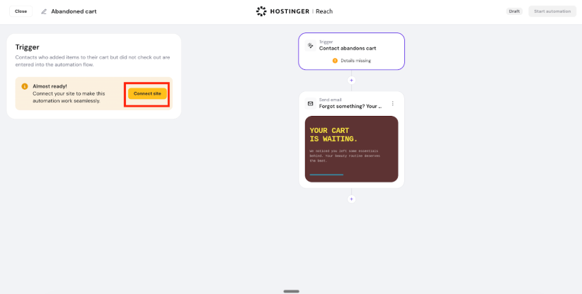 Hostinger Reach abandoned cart automation with the Connect site button highlighted