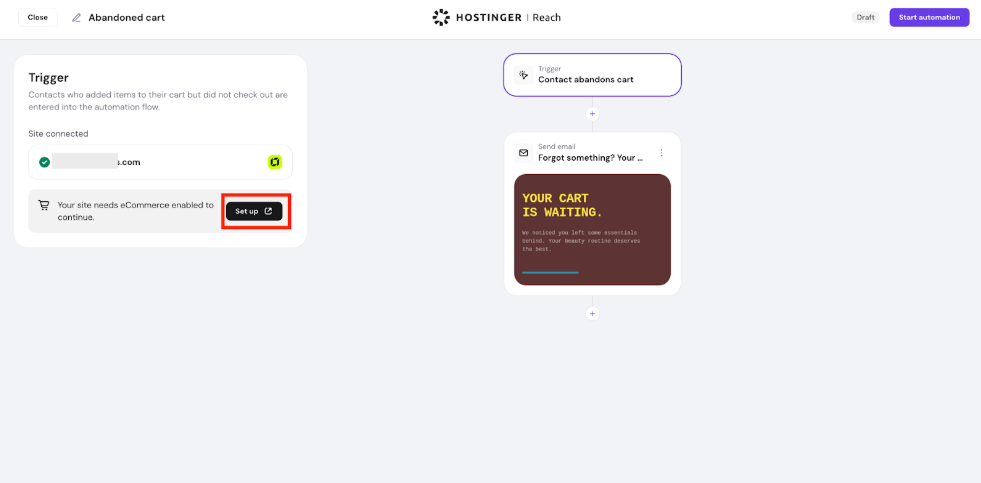 Hostinger Reach abandoned cart automation setup with highlighted Set up button in the trigger panel