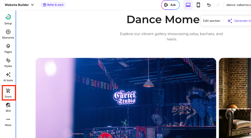 Website builder sidebar with Store highlighted and a dance studio gallery page open