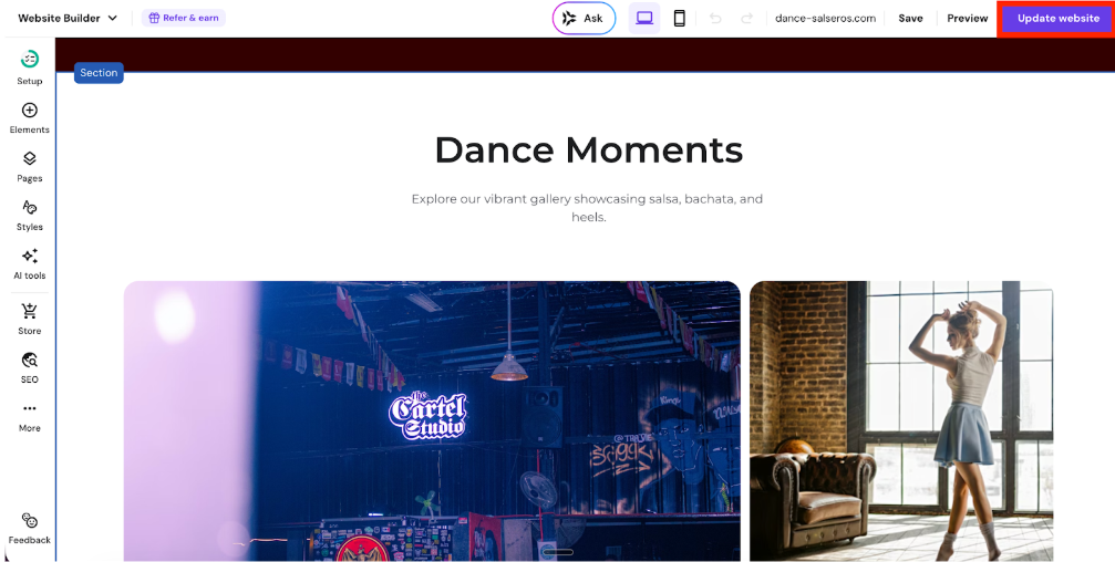 Website builder section for “Dance Moments” gallery with dance photos and an update website button