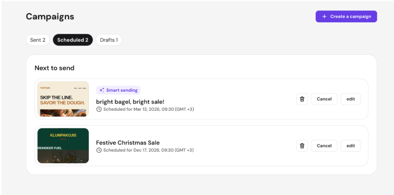 Campaigns page showing scheduled campaigns list with Smart sending selected on Bright bagel, bright sale!