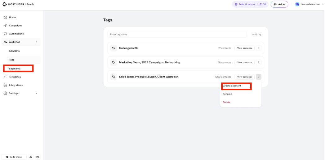Hostinger Reach tags page with the Segments menu item and Create segment option highlighted