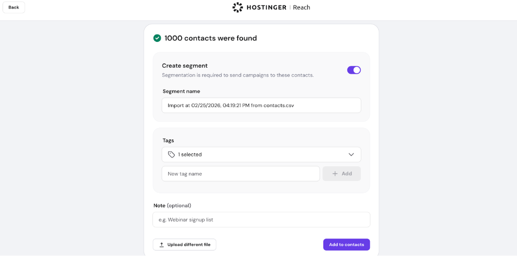 Hostinger Reach import screen with create segment toggle on and add to contacts button
