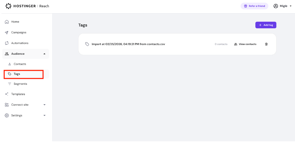 Hostinger Reach Audience tags menu item highlighted in left sidebar