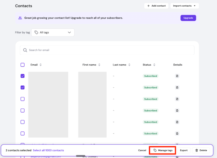 Contacts list with bottom bar highlighting Manage tags for selected contacts