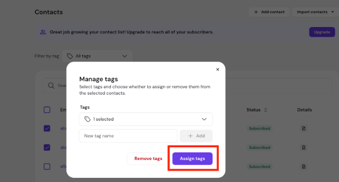 Manage tags modal with Assign tags button highlighted