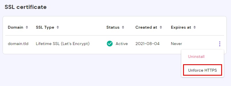 Hostinger SSL certificate menu with Unforce HTTPS option highlighted