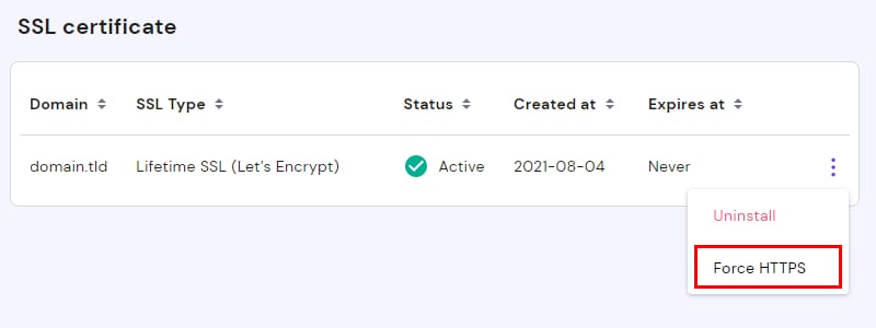 SSL certificate panel with Force HTTPS option highlighted in a dropdown menu