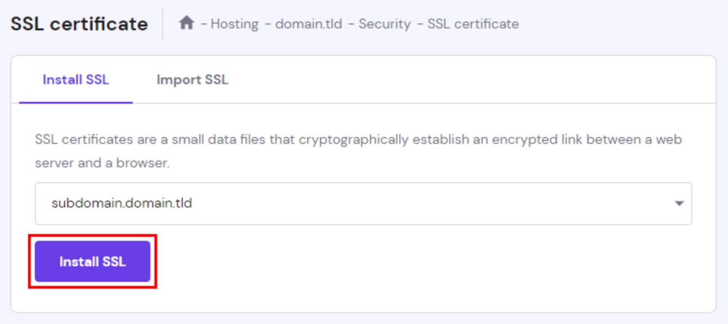Hostinger SSL certificate page with the Install SSL button highlighted
