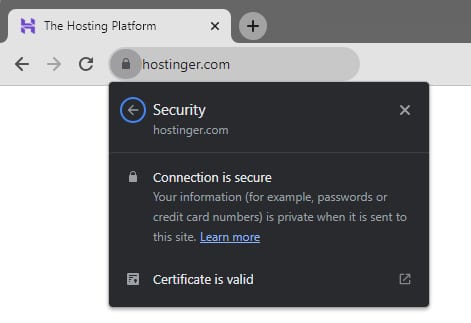 Browser security popup showing connection is secure and certificate is valid
