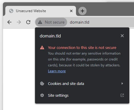 Chrome security warning popup showing the site is not secure and should not accept sensitive information