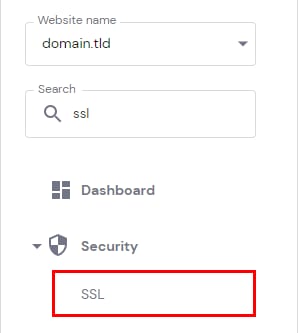 Hostinger dashboard sidebar with the SSL menu item highlighted under Security