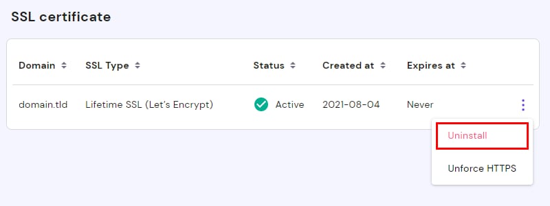 Hostinger SSL certificate list with the Uninstall option highlighted in the menu