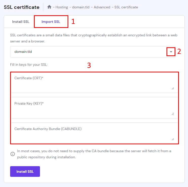 Hostinger SSL certificate page with Import SSL tab and certificate, key, and CA bundle fields highlighted