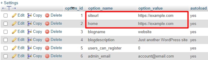 phpMyAdmin settings table with siteurl and home options highlighted