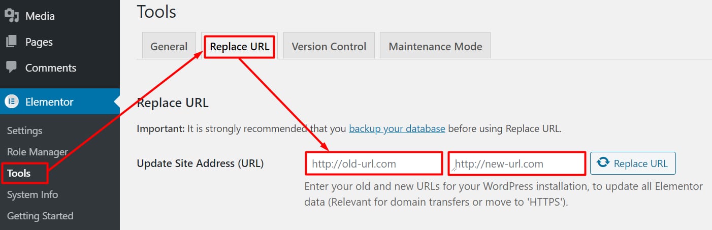 Elementor Tools > Replace URL tab with old and new site address fields highlighted