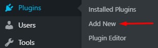 WordPress admin menu showing Add New highlighted in the Plugins section