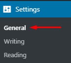 WordPress Settings menu with the General option highlighted by a red arrow